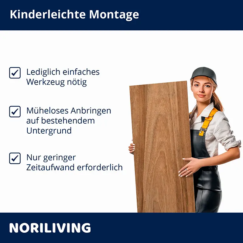 Handwerkerin hält Holzpaneel, einfache Montagehinweise