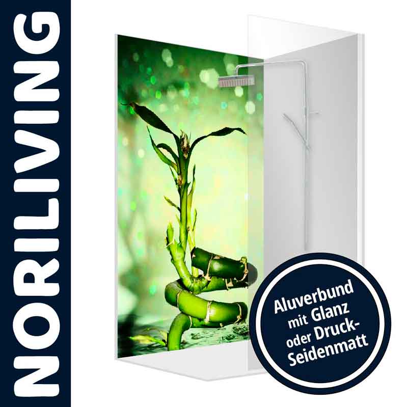 Duschwand mit Bambus-Motiv aus Aluverbund, erhältlich in Glanz oder Druck-Seidenmatt von NORILIVING