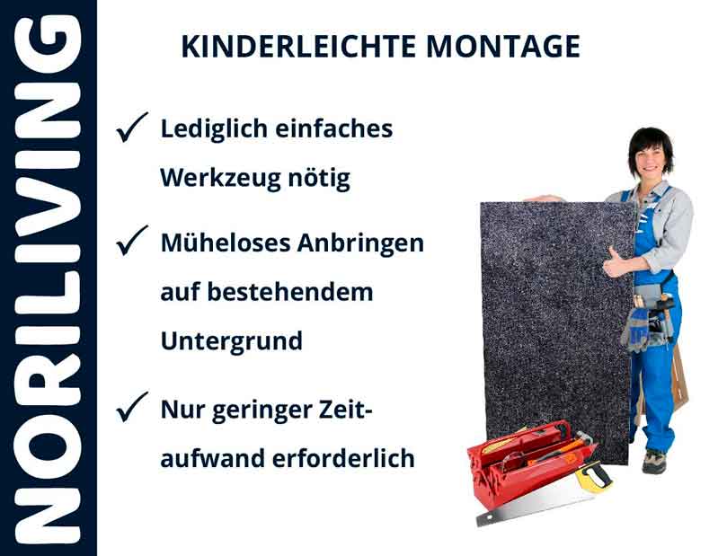 Frau präsentiert eine Platte zur Montage, einfache Werkzeuge in der Nähe. Text: Kinderleichte Montage, lediglich einfaches Werkzeug nötig, müheloses Anbringen, nur geringer Zeitaufwand.