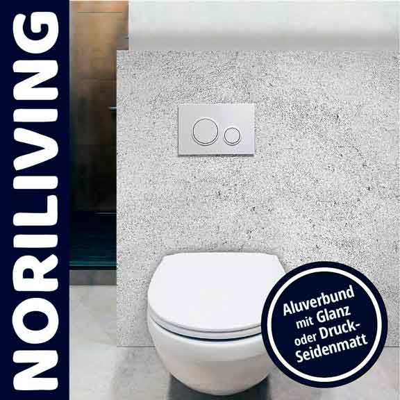 Modernes WC-Design: Elegante Lösung von Noriliving Ein stilvolles, modernes WC mit einer grauen Wandverkleidung aus Aluverbundmaterial von Noriliving, das in Glanz oder Druck-Seidenmatt verfügbar ist.