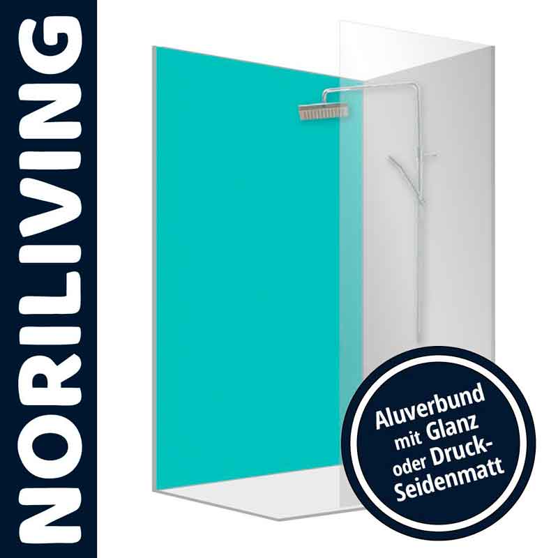 Abbildung einer NoriLiving Duschwand in Türkis, erhältlich mit Glanz oder Druck-Seidenmatt Oberfläche