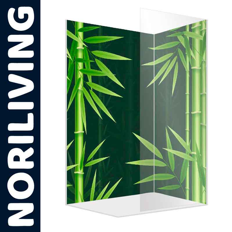 Duschwand mit grünem Bambusmotiv und NORILIVING-Logo