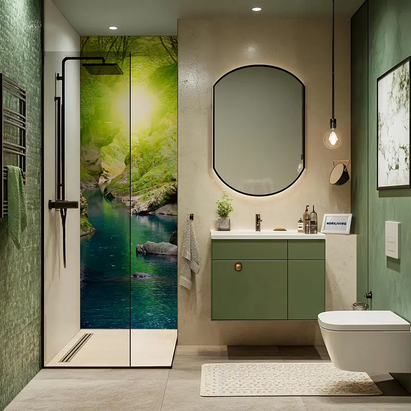 Dusche mit Fluss-Mural, grüner Waschtisch und WC
