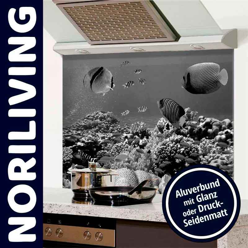 Unterwasserwelt Küchenspritzschutz aus Aluverbund mit glanzvollen oder seidenmatten Oberflächenoptionen, montiert hinter einem Herd