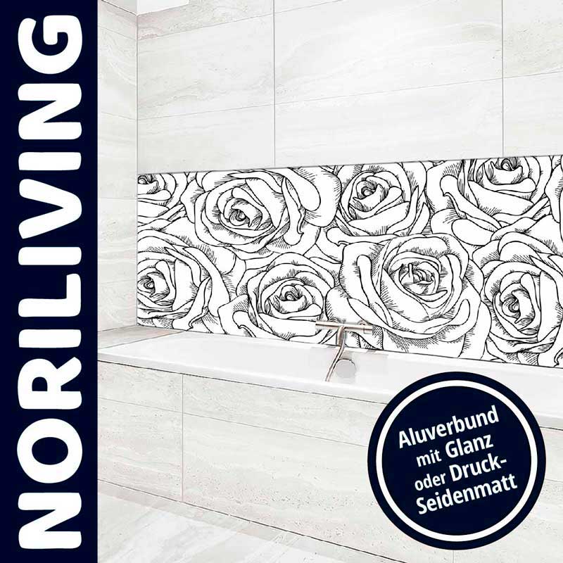 Badezimmerwand mit Rosenmotiv und Schriftzug NORILIVING