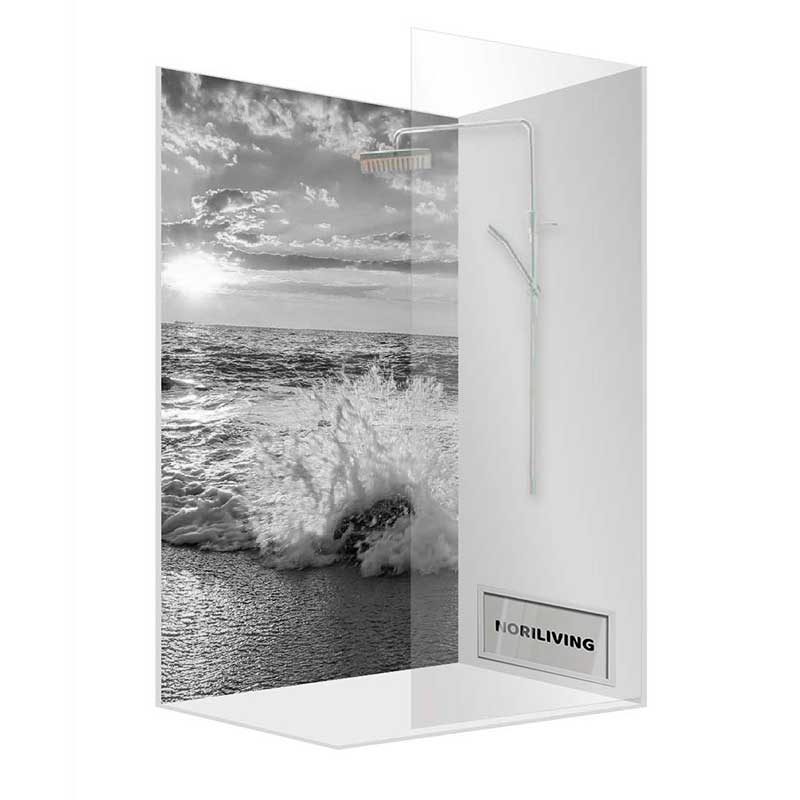Moderner Duschbereich mit Meerblick-Duschwand Duschabtrennung mit schwarz-weißem Motiv von Wellen und Meer, moderne Badezimmereinrichtung