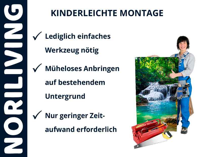 Noriliving-Produkt mit einfacher Montage; Person hält Naturbild, Werkzeuge im Vordergrund