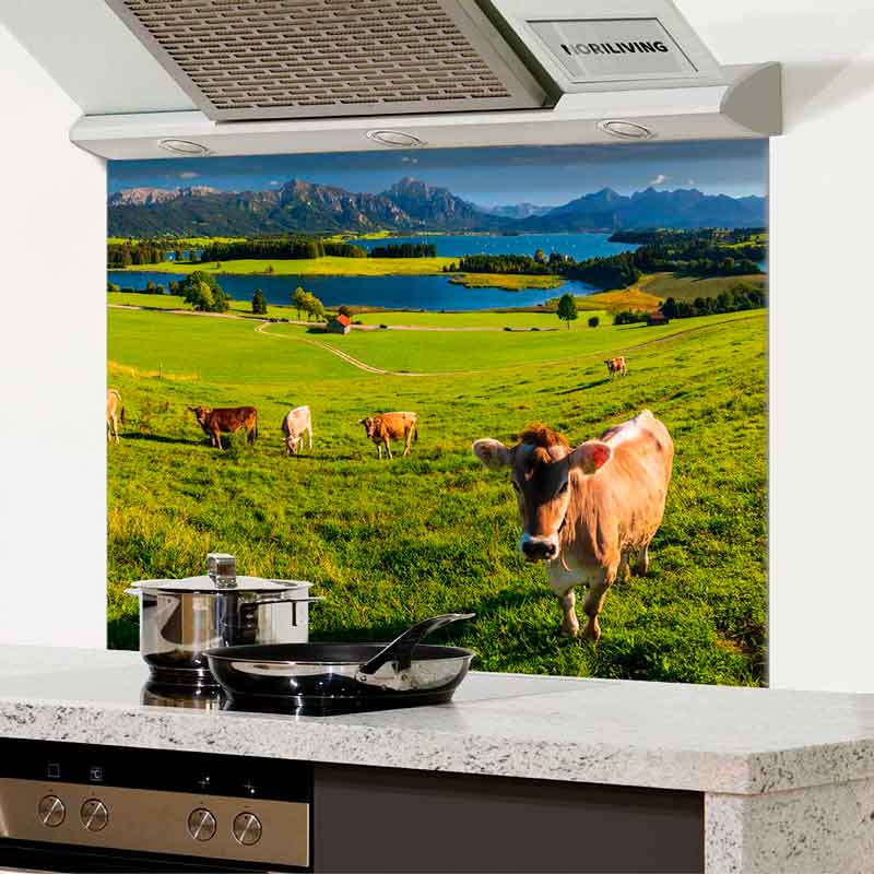 Dekorative Küchenrückwand zeigt eine malerische Landschaft mit Kühen und Alpen im Hintergrund