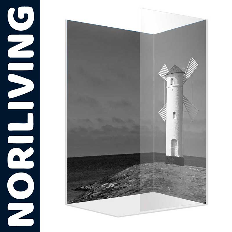 Schwarz-weiße Duschtrennwand von NORILIVING mit einem Leuchtturm am Meer