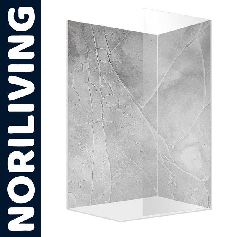 Duschwand aus Glas mit grauer Betonoptik und Schriftzug Noriliving