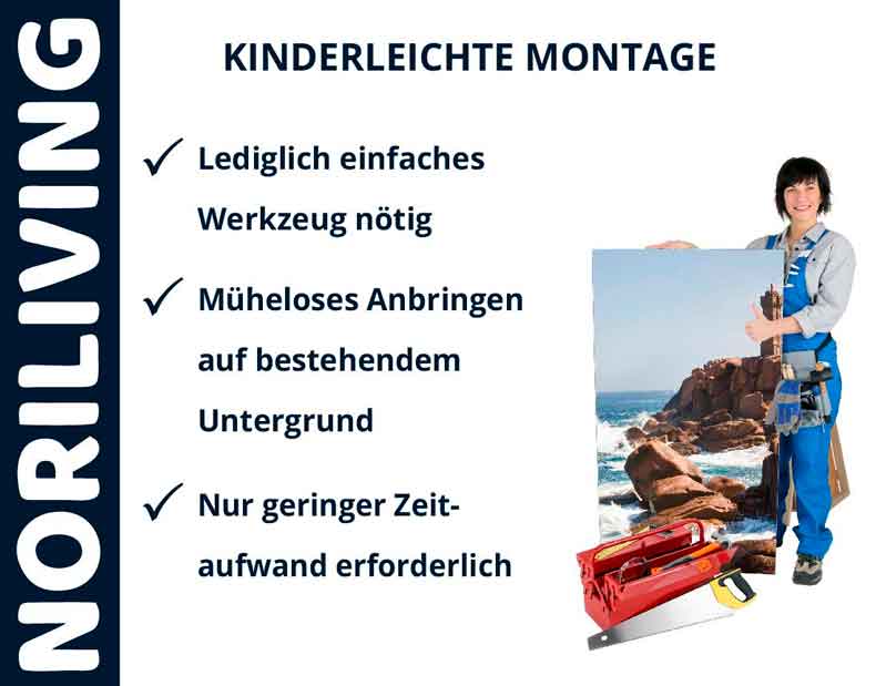 Werbung für Noriliving mit einfacher Montageanleitung und Frau mit Werkzeugen