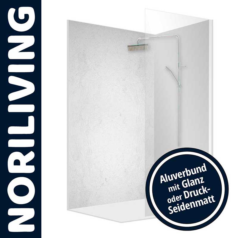 Duschwand von NORILIVING aus Aluverbund, erhältlich in Glanz oder Druck-Seidenmatt-Optik