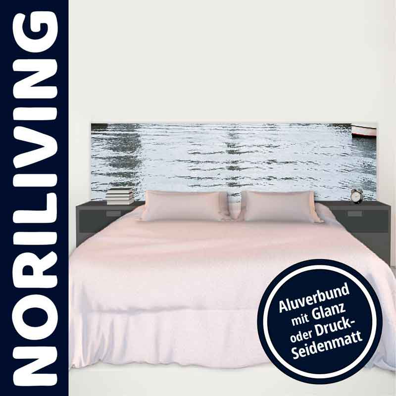 NORILIVING Bett mit dekorativem Kopfteil und Optionen für Alubund in Glanz oder Druck-Seidenmatt
