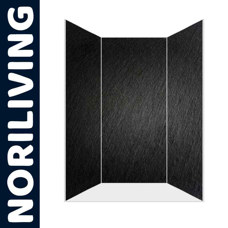 NORILIVING Duschtrennwand aus schwarzem Steinoptik Duschtrennwand von NORILIVING mit schwarzer Steinoptik auf weißem Hintergrund