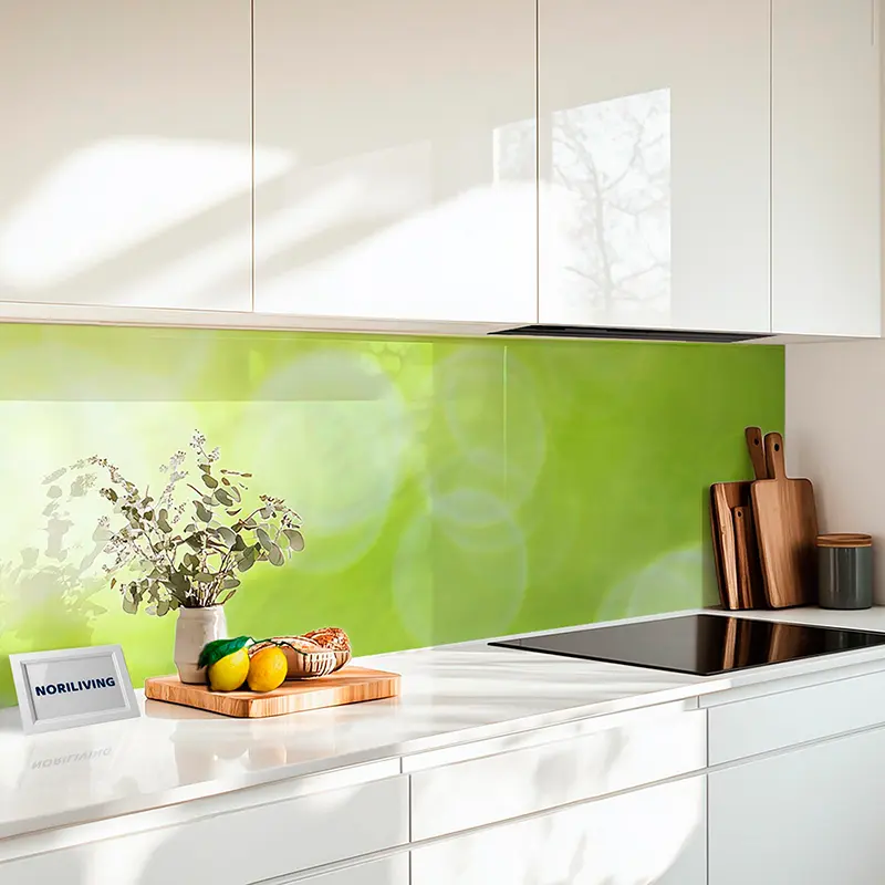 Moderne weiße Küche mit grünem Spritzschutz