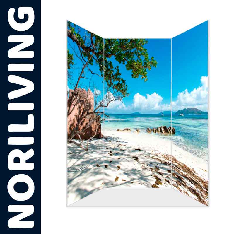 Dreiteiliger Raumteiler mit idyllischem Strandbild und Meerblick