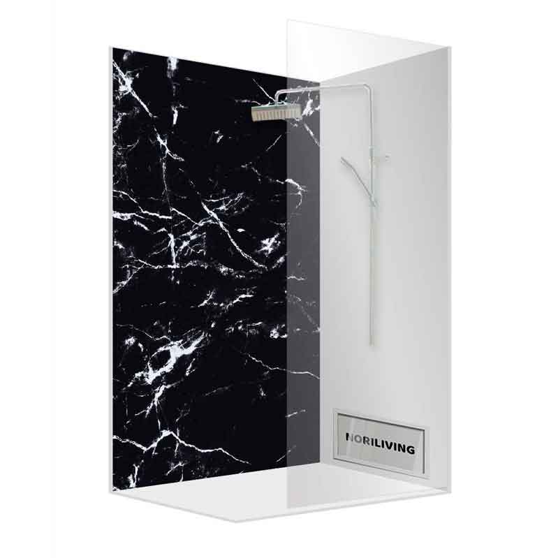 Eckduschkabine mit schwarzer Marmorwand und transparenten Glastüren