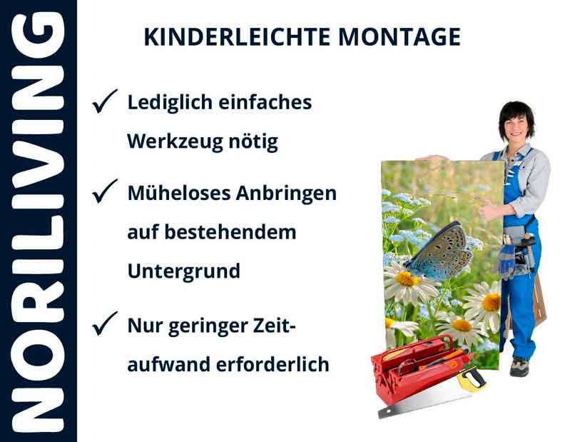 Einfache Montageanleitung von Noriliving Person zeigt einfach zu montierende Wanddekoration von Noriliving mit Werkzeug, Schmetterlingsmotiv und Montagehinweisen