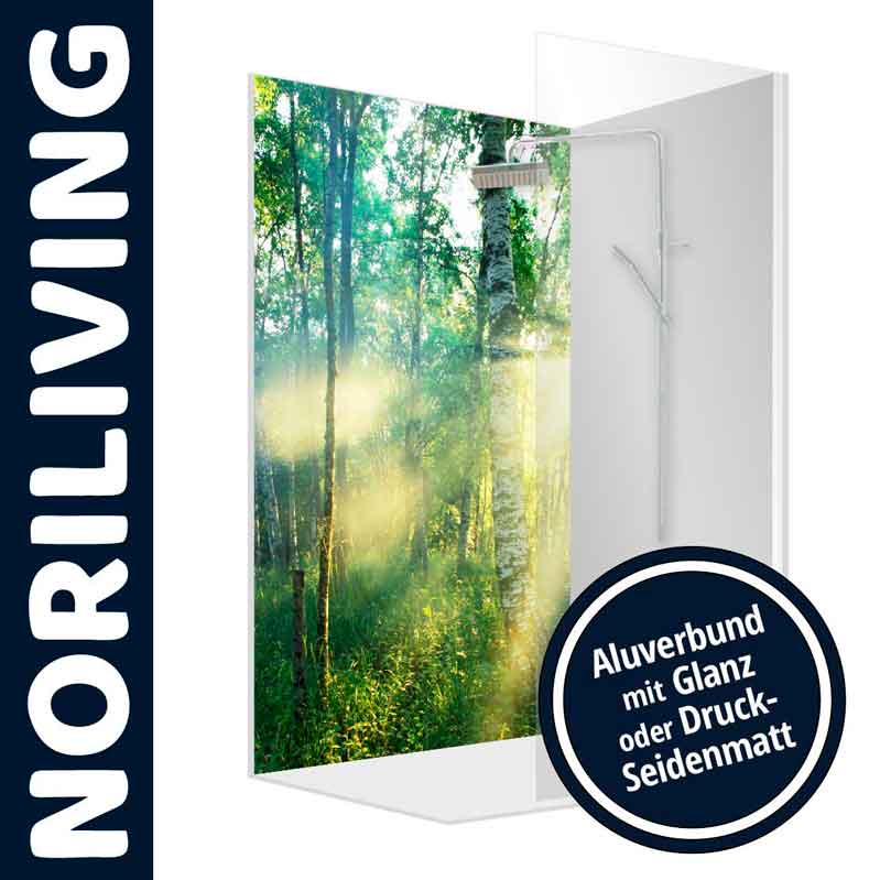 NORILIVING Duschwand aus Aluverbund mit Waldmotiv Duschwand von NORILIVING mit Aluverbund in Glanz oder Druck-Seidenmatt und Waldlandschaftsbild