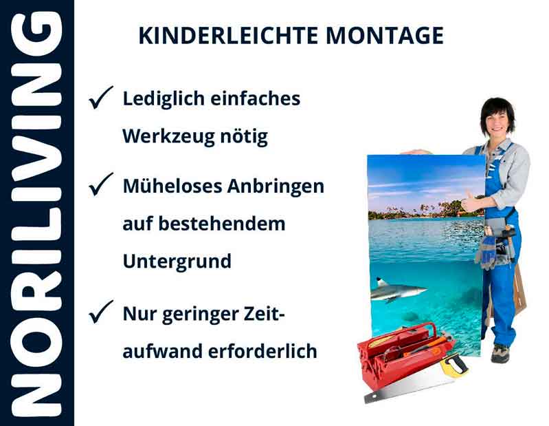 Monteur mit Werkzeug und Poster von Noriliving; einfache Montage mit minimalem Aufwand