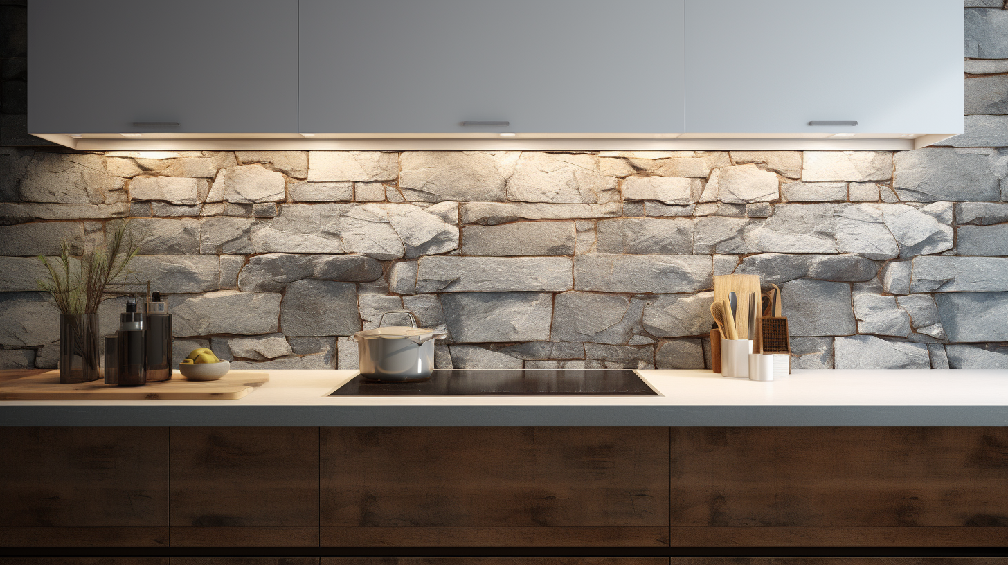 Moderne Küche mit einer eleganten Steinwand, einem Induktionskochfeld und Küchengeräten auf der Arbeitsplatte