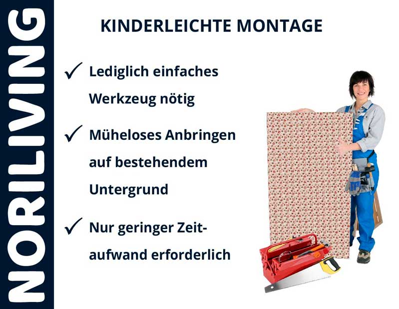 Person hält dekorative Platte, daneben Werkzeugkiste. Text: Noriliving, Kinderleichte Montage, Lediglich einfaches Werkzeug nötig, Müheloses Anbringen auf bestehendem Untergrund, Nur geringer Zeitaufwand erforderlich.