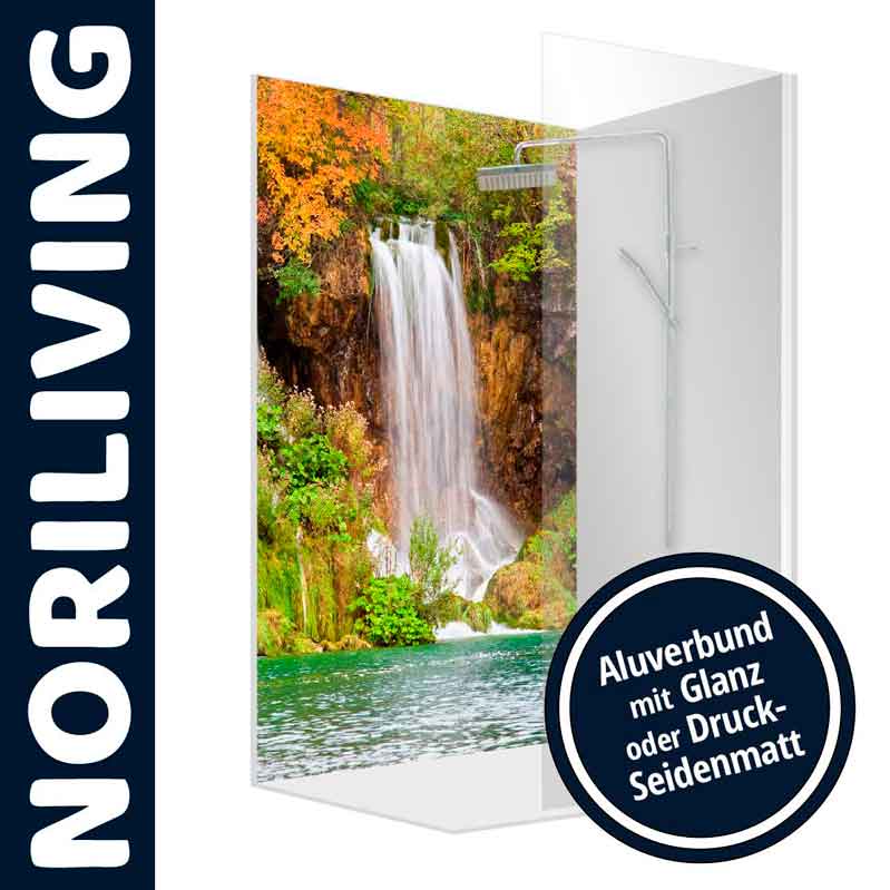 Duschpaneel von Noriliving mit eindrucksvollem Wasserfallbild, erhältlich in Aluverbund Glanz oder Druck-Seidenmatt.