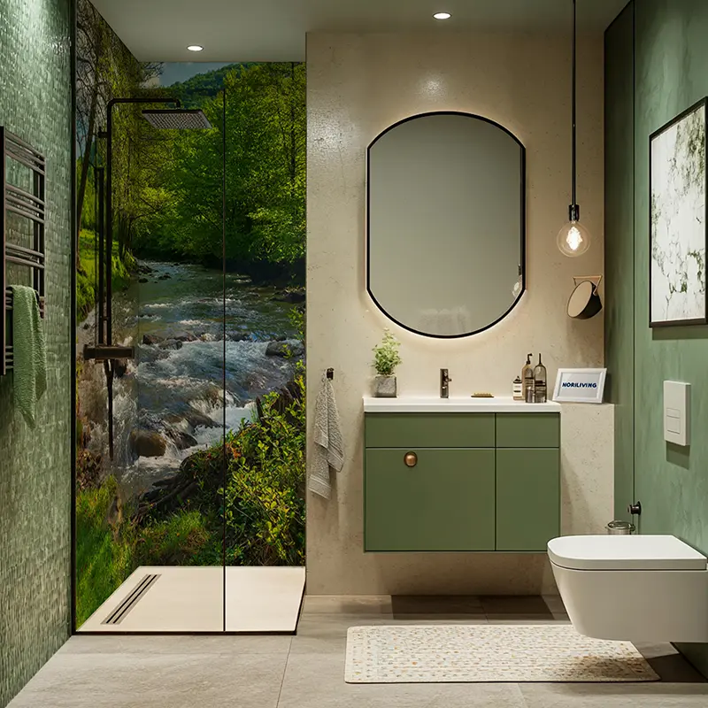 Bad mit Naturdusche, grünem Waschbeckenmöbel und Toilette