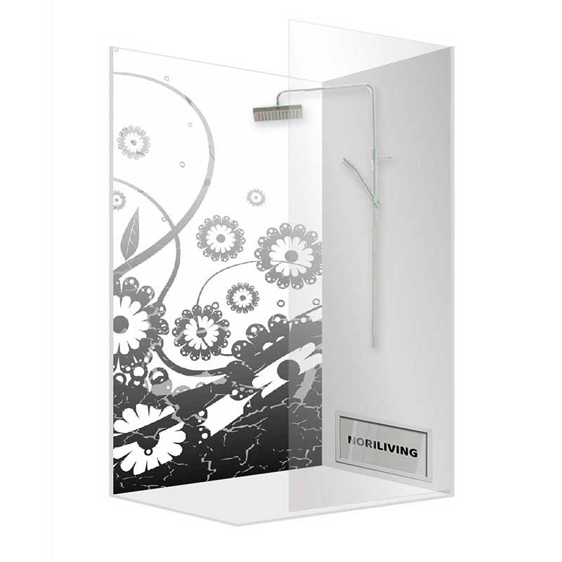 Duschecke mit floralem Muster auf Glas und integrierter Regendusche von Noriliving