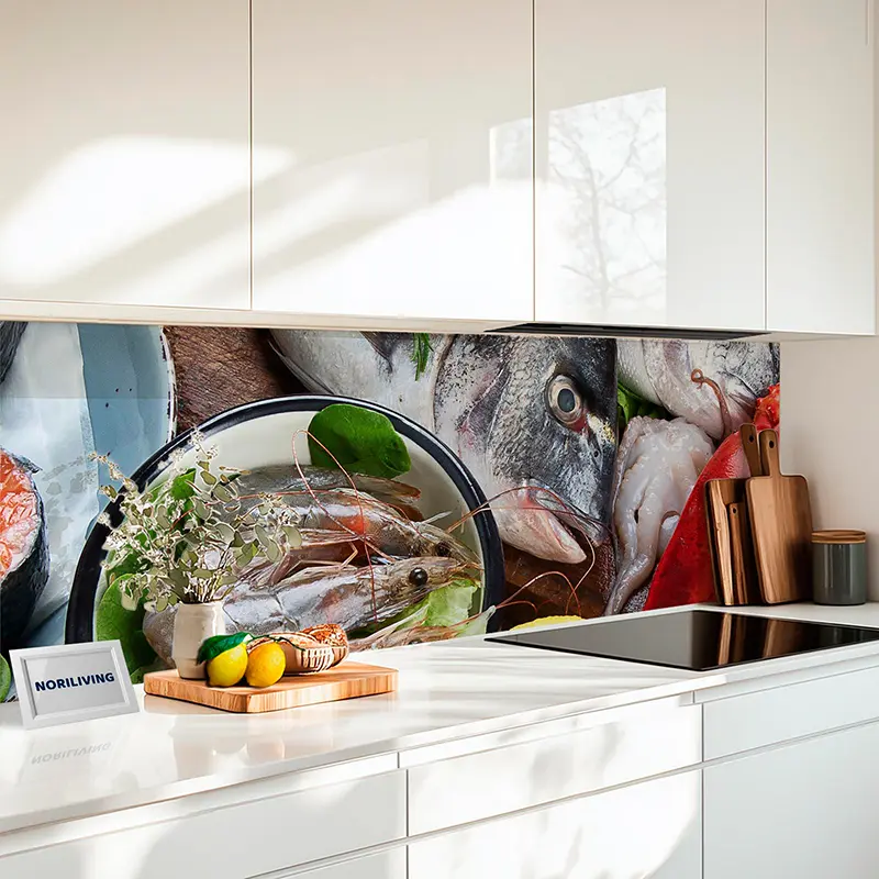 Küchenrückwand Alu Frischer Fisch und Meeresfrüchte mit Gemüse 226