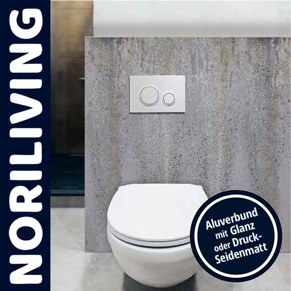 Modernes WC mit stilvollem Aluverbund-Design von Noriliving Elegantes Bad mit weißem WC und Aluverbund-Drückerplatte, Glanz oder Seidenmatt