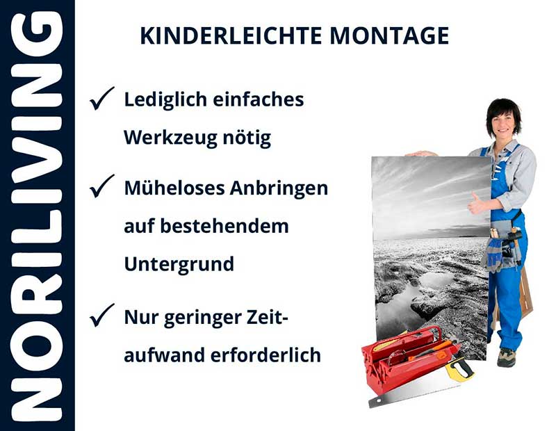 Frau präsentiert Noriliving-Produkt mit kinderleichter Montage durch einfache Werkzeuge und geringen Zeitaufwand.