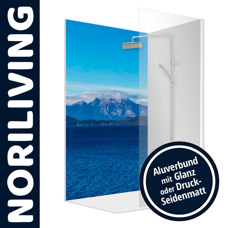 Moderne Duschwand mit atemberaubendem Landschaftsmotiv, erhältlich in Aluverbund mit glänzender oder seidiger Oberfläche