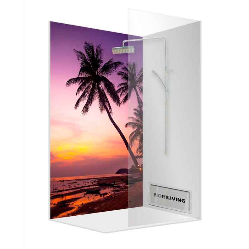 Moderne Duschrückwand mit Palmen und Sonnenuntergang für ein tropisches Ambiente im Badezimmer