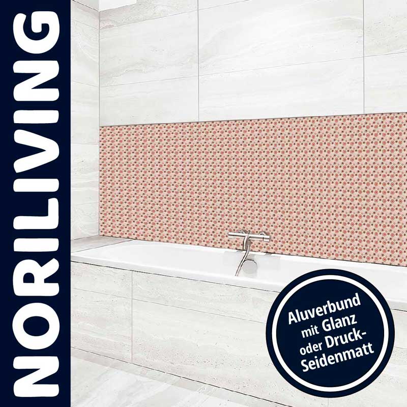 Badezimmer mit modernen Aluverbundfliesen vor einer Badewanne, verfügbar in Glanz oder Druck seidenmatt, von Noriliving.
