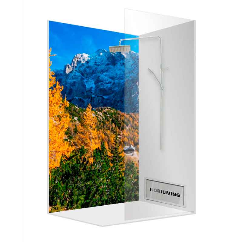 Duschwand mit Berglandschaft im Herbstmotiv Duschwand mit naturgetreuem Herbstmotiv und Berglandschaft.