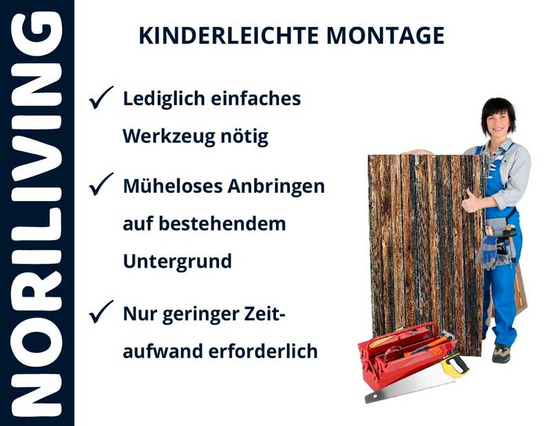 Werbung für Noriliving mit einfacher Montageanleitung und Bild einer Frau mit Holzpaneel
