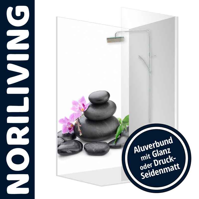 Abbildung einer Duschkabine mit einem Motiv von Zen-Steinen und Orchideen, Aluverbund mit Glanz oder Druck-Seidenmatt