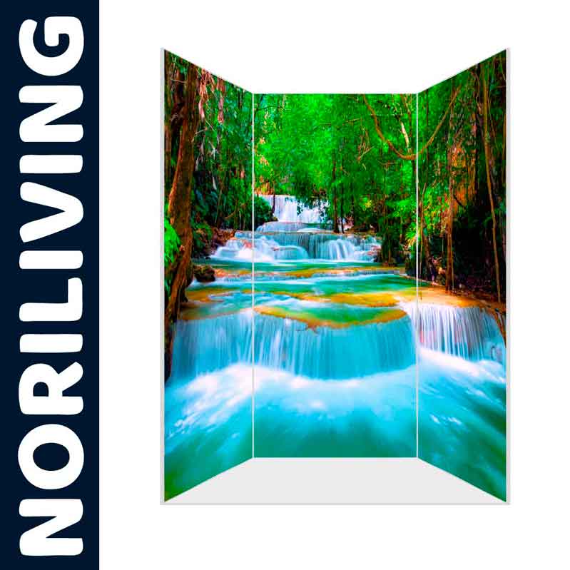 Raumteiler mit einem bunten Wasserfall-Motiv, ideal zur Dekoration von Wohnräumen.