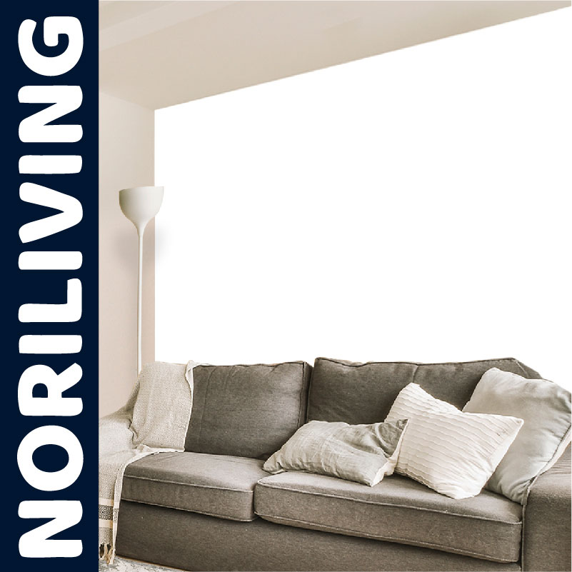 Bequemes graues Sofa von Noriliving mit dekorativen Kissen Graues Sofa mit Kissen von Noriliving in einem modernen Wohnzimmer