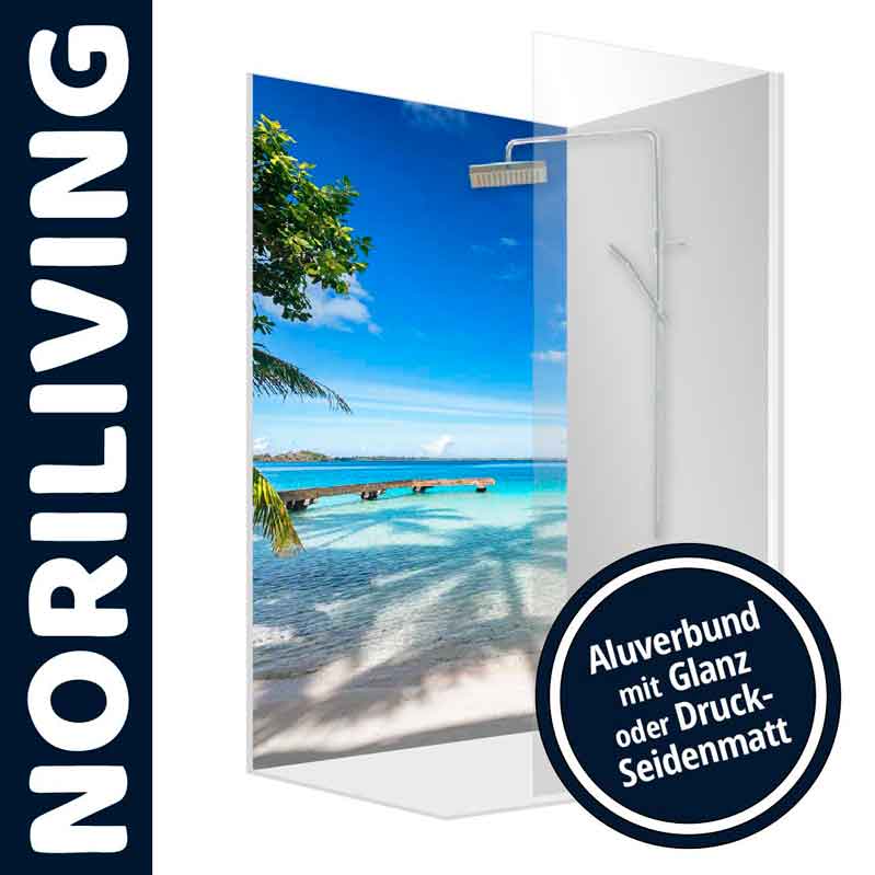 Dekorative Duschwand mit tropischem Strandbild, erhältlich in Glanz oder Druck-Seidenmatt