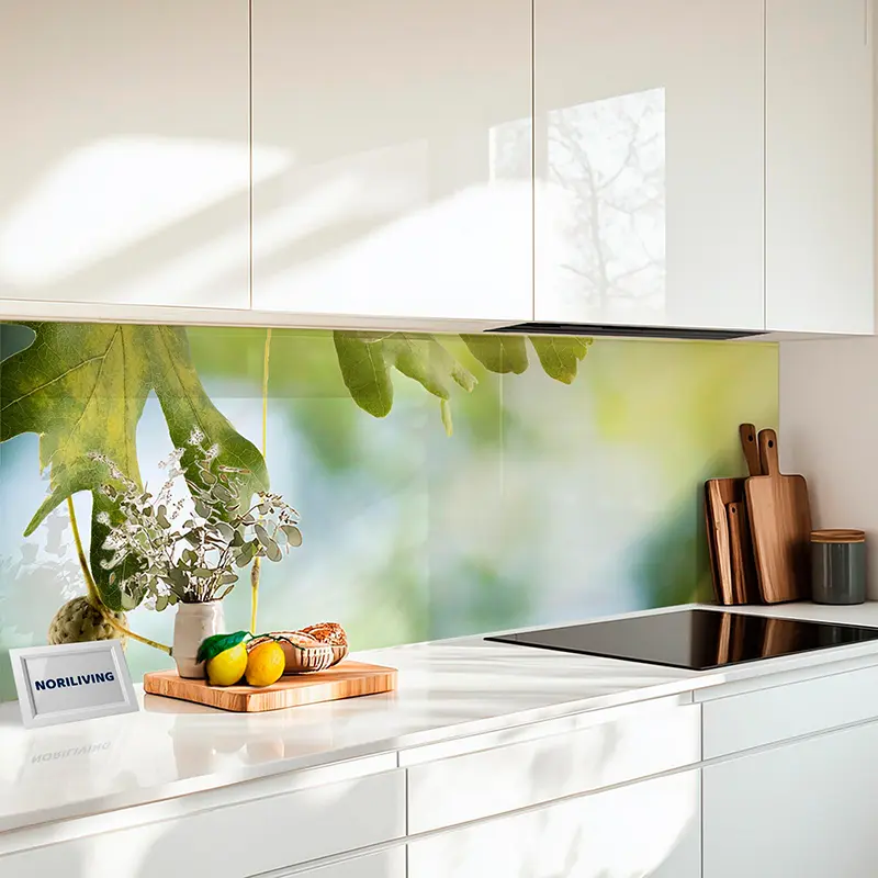 Küchenrückwand Alu Eicheln auf einem unscharfen natürlichen Hintergrund 220