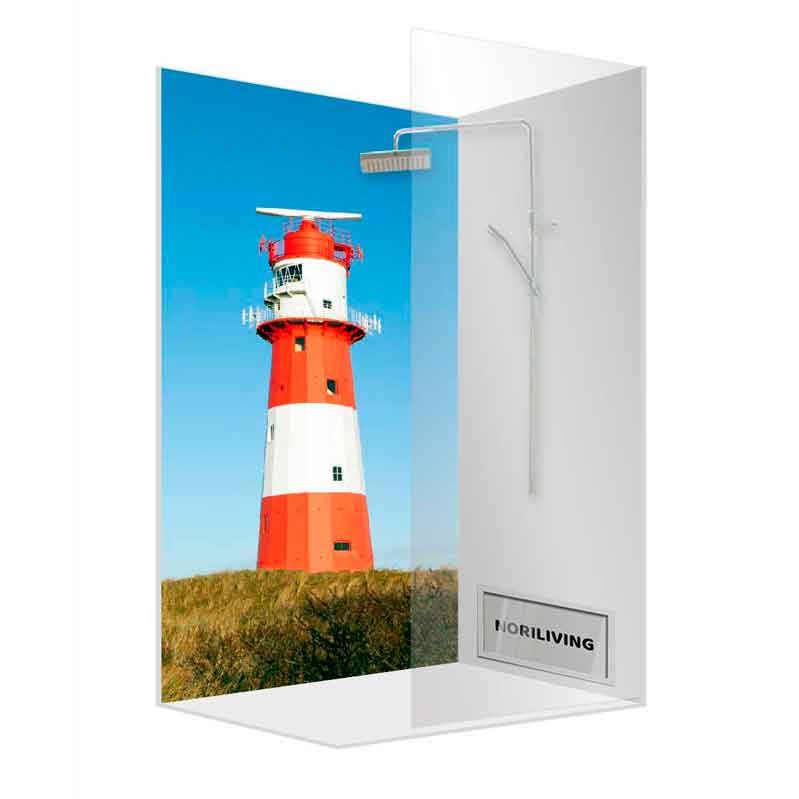 Moderne Duschkabine mit farbigem Leuchtturm-Design und eleganter Duscharmatur