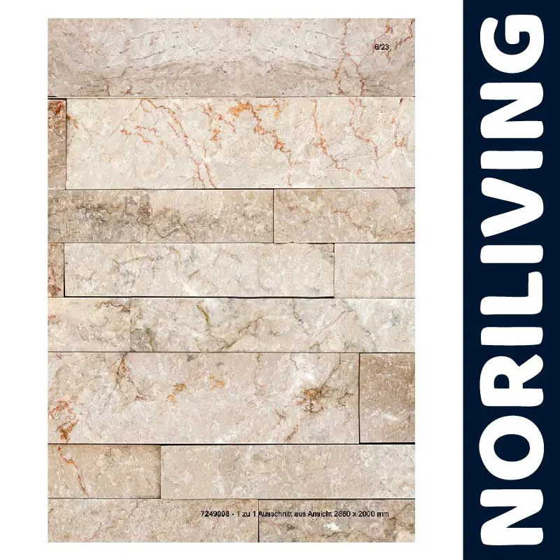 Helle Naturstein Wandverkleidung mit Mauerplatten in Beige. Größe: 2580x2000 mm.