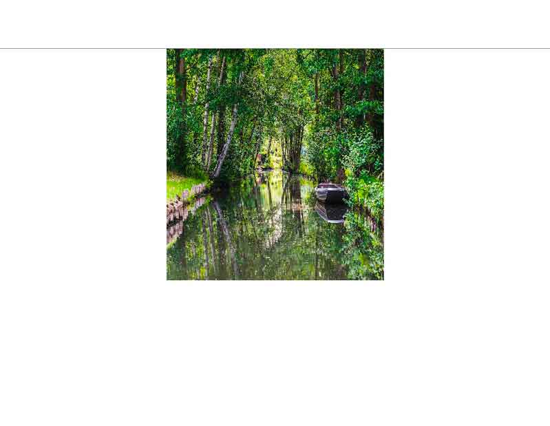 Ruhiger Fluss mit üppiger Vegetation und einem Boot am Ufer Ein idyllischer Fluss, gesäumt von dichten Bäumen, mit einem kleinen Boot am Ufer im Grünen.