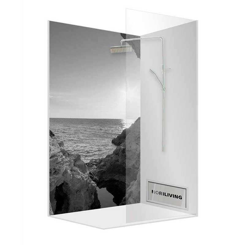 Moderne Duschkabine mit Meerblick-Design Duschkabine mit Panorama-Design eines Meeresblicks in Schwarz-Weiß