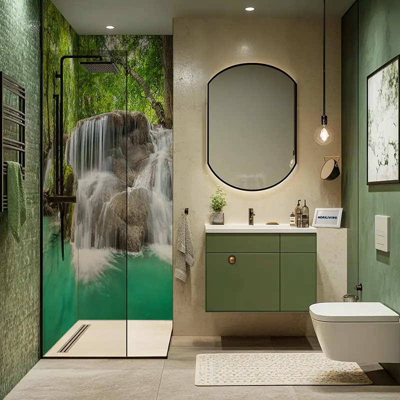 Elegantes Badezimmer mit Dusche und Wasserfall-Motiv
