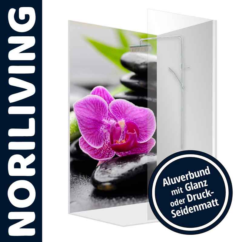 Duschabtrennung mit lila Orchidee und Steinen, Marke Noriliving, Aluverbundoptionen