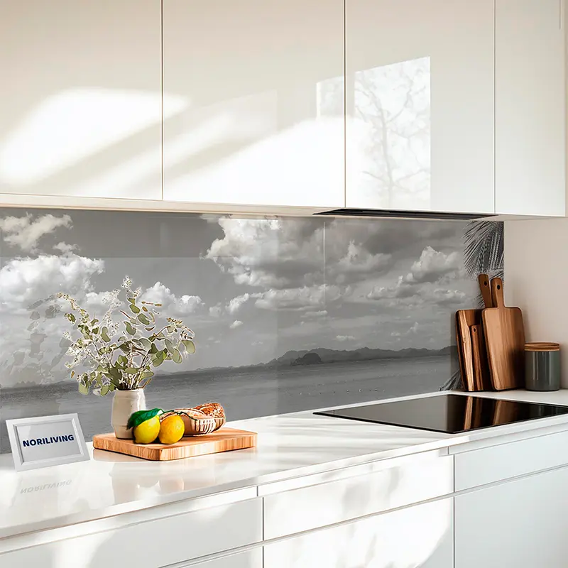 Küchenrückwand Echtglasoptik Profiline Tropischer Strand mit Meerblick 066 schwarz-weiß