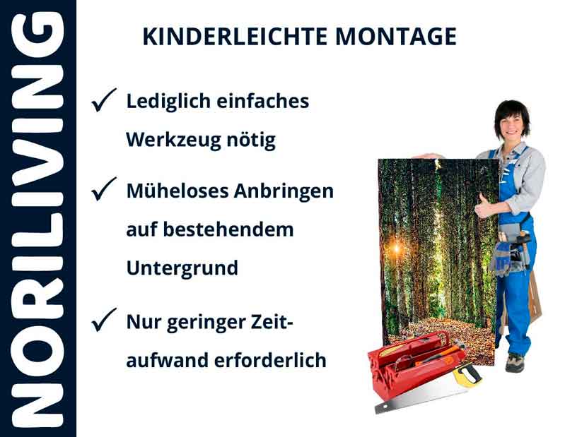 Person in Arbeitskleidung zeigt eine Fototapete mit Waldmotiv. Text: Kinderleichte Montage, mühelos und schnell mit einfachem Werkzeug.